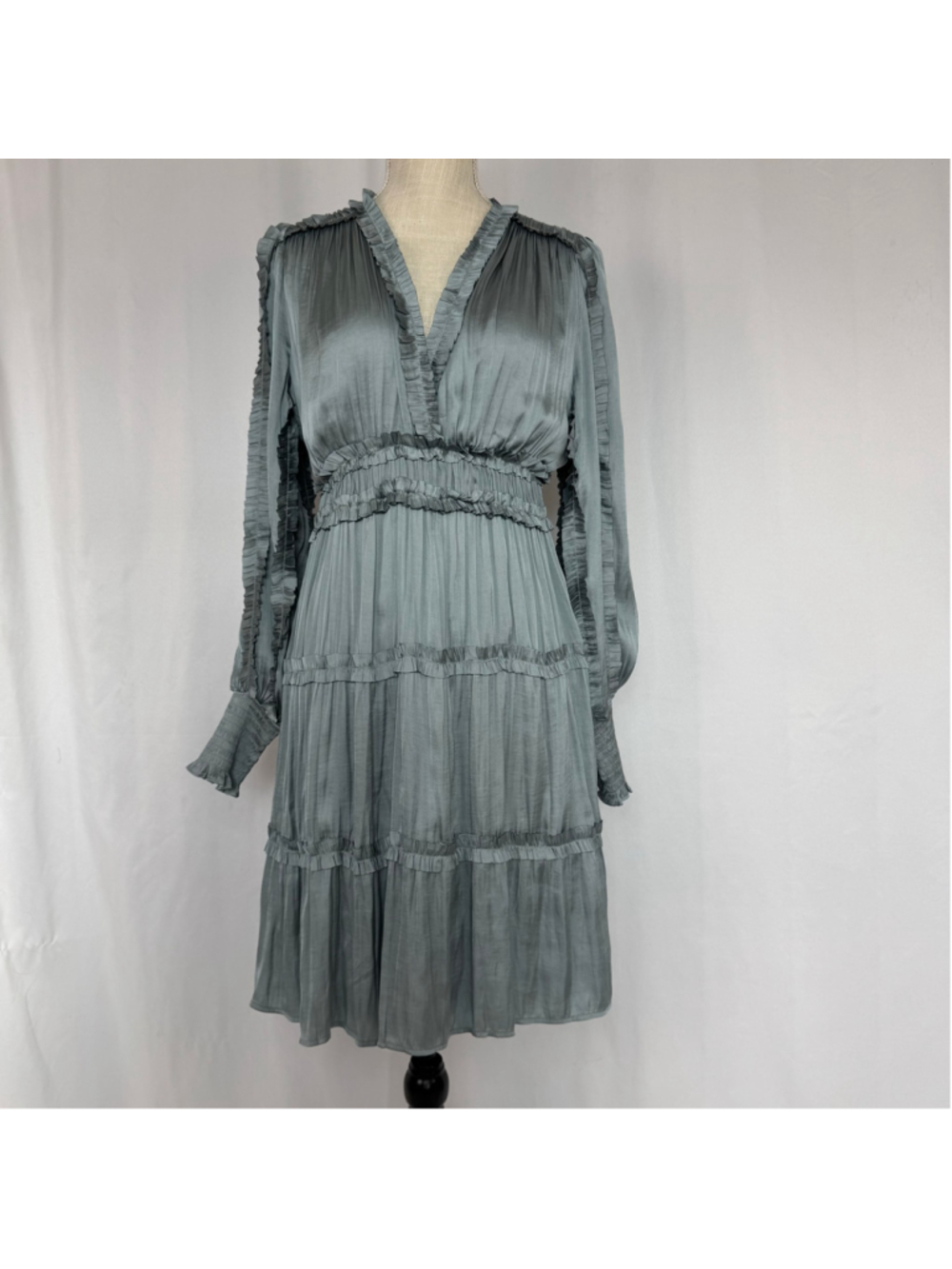NWT O.P.T Metallic Blue Pleated Ruffle Tiered Mini Dress V-Neck Long Sleeve XL